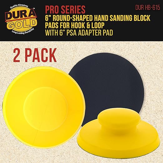 Dura-Gold Pro Series 6" Round-Shaped Hand Sanding Block Pad for Hook & Loop and PSA 6" DA Sanding Discs, 2 Pack - PSA Sandpaper Conversion Adapter Pad - Automotive Car Sand Wood Woodworking Furniture