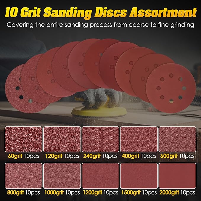 Huwena 5 Inch Hook and Loop Sanding Block Set, 2 Pcs Round and Mouse Sanding Block with 50 Pcs Different Grit Discs Sandpapers, Sand Paper for Wood Furniture Restoration Home Arts and Crafts
