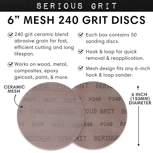 Serious Grit - 6-Inch 220 Grit Ceramic Mesh Sanding Discs - Hook & Loop Dust-Free Net Abrasive for Wood, Drywall, Paint, Auto Body - Long Life Ceramic Grain - Universal Fit 125mm Sandpaper - 50 Pack