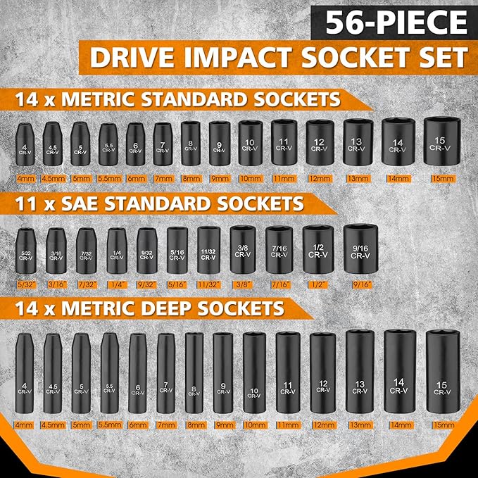 1/4" Drive Impact 56-Piece Socket Set, Standard SAE (5/32 to 9/16 inch) & Metric (4-15mm), 6 Points, CR-V, 1/4-Inch Drive Ratchet Handle, Drive Extension Bar & Impact Universal Joint with Case