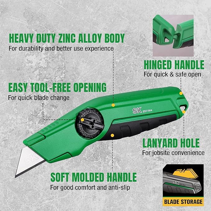 SK Fixed Blade Utility Knife, Heavy Duty Zinc Alloy Box Cutter, Tool-Free Blade Change, Blades Storage in Shell, Extra 5 SK2M Blades Included