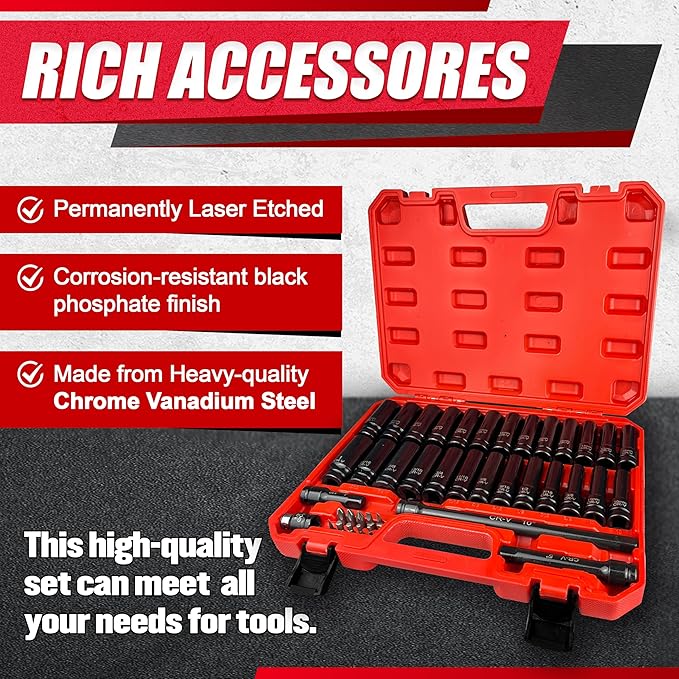 1/2" Drive Impact Socket Set, SAE and Metric, Cr-V Steel, 6 Point Deep & Shallow Sockets (40pcs 1/2" Socket Set)