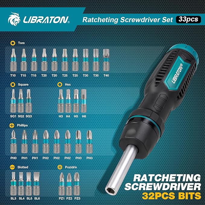 LIBRATON Ratchet Screwdriver Set, 33-in-1 Multi-Bit, Magnetic, Slotted/Philips/Pozi/Torx/Hex/Square Bits, Home/Auto/DIY