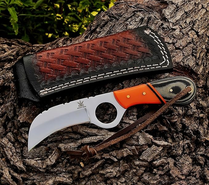 Handmade Stainless Steel Lineman’s Hawkbill knife with Leather sheath, Heavy Duty Utility Knife blade Electrician Wire Skinning knife for professional.