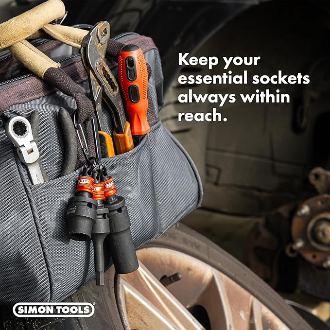 Socket Holder Keychain 3pc - 1/2 Socket Organizer with Quick Release and Clip - Perfect Impact Wrench and Toolbox Accessories for Construction Workers, Linemen and Automotive Mechanics