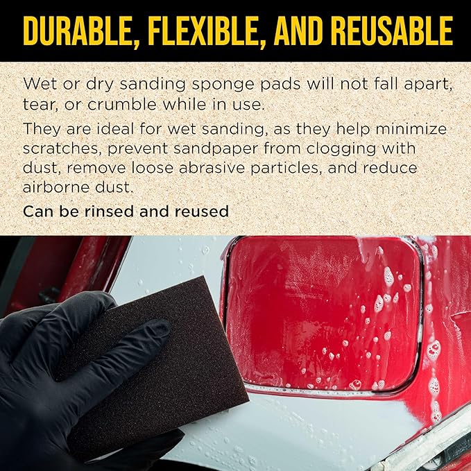 Dura-Gold 100 Grit 4-Sided Hand Sanding Block Sponges, Box of 6 - Performance Flex 3.9" x 2.75" x 1" Wet or Dry Flexible Sandpaper Abrasive Brick Pads, Reusable - Sand Wood, Drywall, Metal, Auto Paint