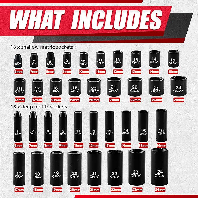 64pcs 3/8" Socket Set,Drive Impact Socket Set, SAE/Metric, Deep & Shallow, Cr-V Steel, 6 Point with Adapters, 72T Ratchet Handle, Extension Bars竊똁it Adapter竊?-24mm竊?/16-1 inch