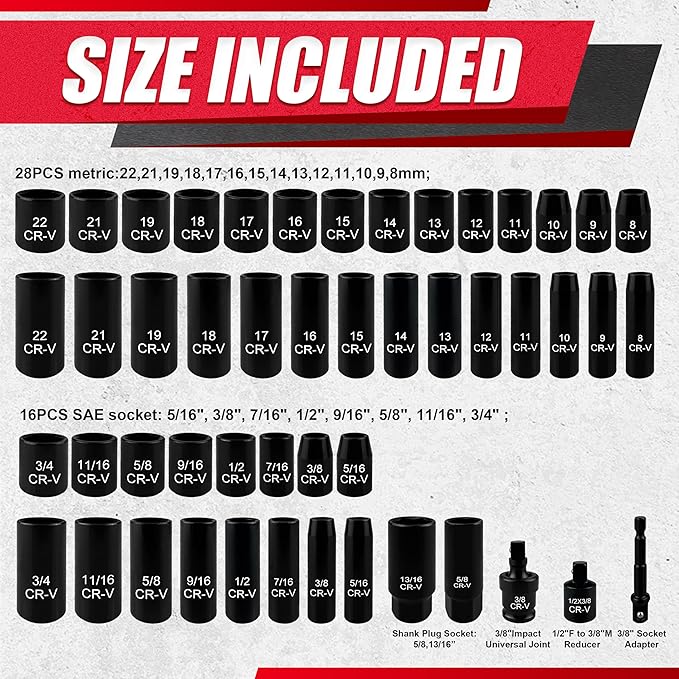 Drive Impact Socket Set,Drive Master Socket Set,SAE/Metric, Deep & Shallow (111PC 3/8inch)
