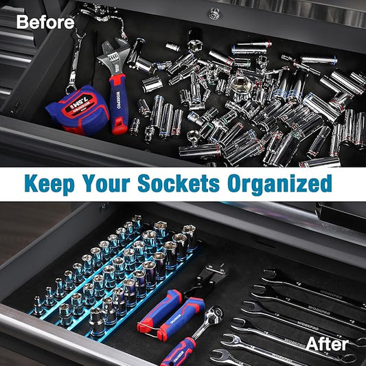 WORKPRO Magnetic Socket Organizer, 1/2-Inch Drive Aluminum Alloy Socket Rail, Heavy Duty Socket Holder, Socket Rack Kit 1/2-Inch x 10 Clips Sky Blue (Socket not Included)