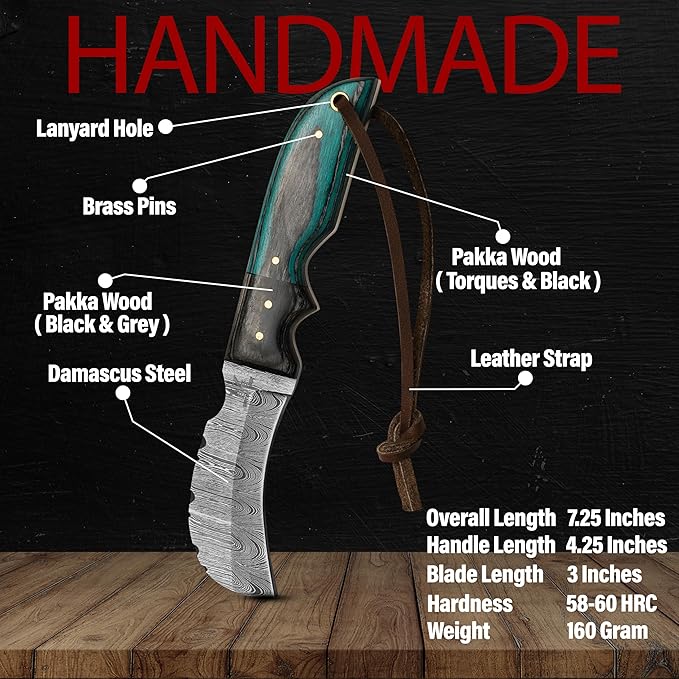 Damascuss Steel Lineman's Hawkbill Knife, Fixed Blade Full Tang, Turquoise Handle with Leather Sheath Electrician skinning knife for professional