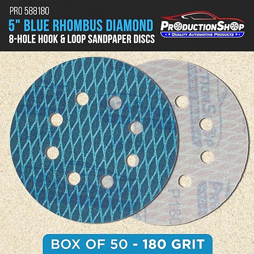 Premium 180 Grit 5" Rhombus Diamond Shape Blue Sanding Discs, 8-Hole, Box of 50 - Hook & Loop Anti-Clogging J-Cloth Dustless Sandpaper for Random Orbital Sanders, Sand Auto Paint, Wood