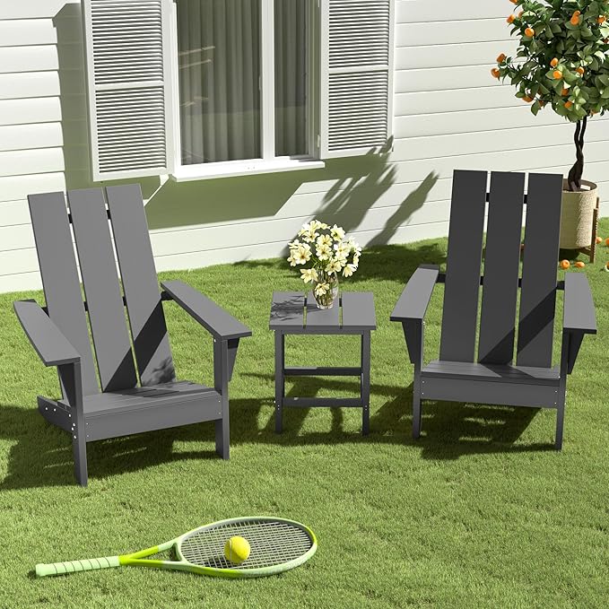 3 Pieces Adirondack Chair Set Outdoor Adirondack Chair Plastic HDPE All-Weather Adirondack Chairs Outdoor Fire Pit Chairs with Table for Deck Patio Garden（Grey）