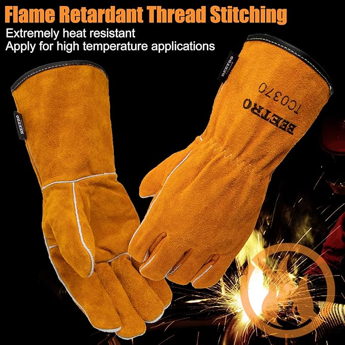 BEETRO Welding Gloves 2 Pairs Cow Leather Forge/Mig/Stick/Tig Welder Heat/Fire Resistant, Mitts for Oven/Grill/Fireplace/Furnace/Stove/Pot Holder/Wood Burner/Animal handling glove with Soft Lining
