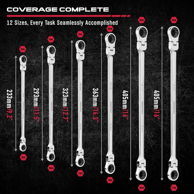 Extra Long Flex-Head Ratcheting Wrench Set, Anti-Slip 6-Piece Double Box End Wrench Set, 72-Teeth, Metric 8-19mm, CR-V Steel Wrench with Rolling Pouch