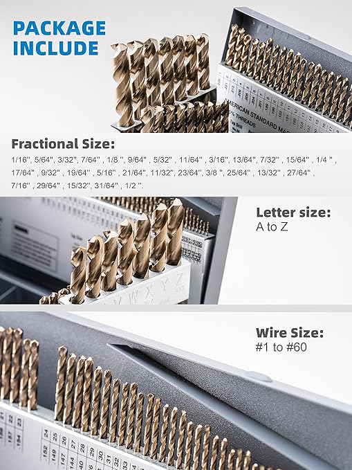 HIGHFIRE 115 PCS All M35 HSS Cobalt Drill Bit Set, Twist Jobber Drill Bits Set, 135-Degree Split Point, Fractional 1/16"-1/2", Letter A - Z, Wire #1 - #60 with Metal Indexed Storage Case