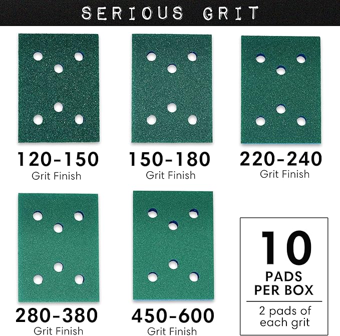 Serious Grit - 3" x 4" Foam Sanding Pads - P120-600 Assorted Finish Grit - 10mm Medium Density Foam - Hook & Loop Backing - Fits SurfPrep, Uneeda Ekasand & Mirka 3x4 Sanders ??Made in USA ??10 Pack
