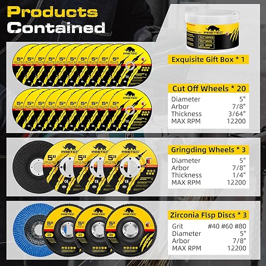 Grinding Cutting Wheels 5 inch Set - PRETEC 5" 20 Cut Off Wheels, 3 Grinding Wheels, and 3 Flap Discs for Angle Grinder Cutting and Grinding 5??x 3/64" x 7/8", 20+3+3 PCS, Brown