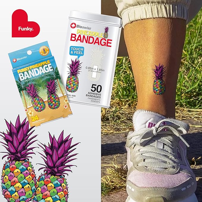 BioSwiss Bandages, Funky Pineapple Shaped Self Adhesive Bandage Set, Latex Free, Sterile Wound Care, 24 Count
