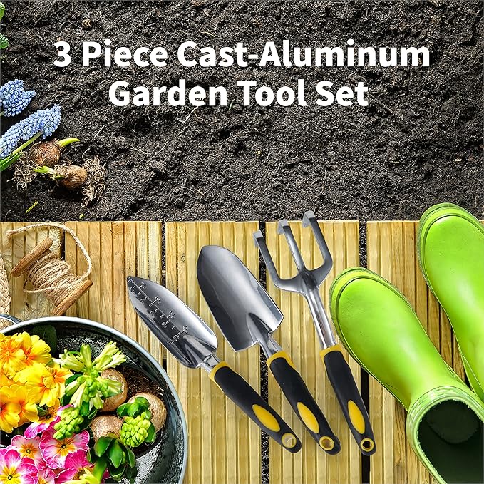 Gardenera 3PC Garden Tool Set with Soft Rubberized Non-Slip Handles - Hand Trowel, Transplant Trowel, Hand Rake in Polished Aluminum - Ideal for All Gardening Needs and The for Gardeners