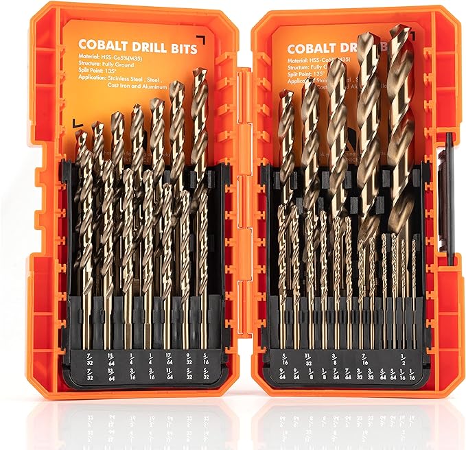 AMOOLO Cobalt Drill Bit Set 31Pcs (1/16"-1/2"), M35 High Speed Steel Metal Drill Bits Jobber Length for Hardened Metal, Stainless Steel, Cast Iron, Plastic and Wood