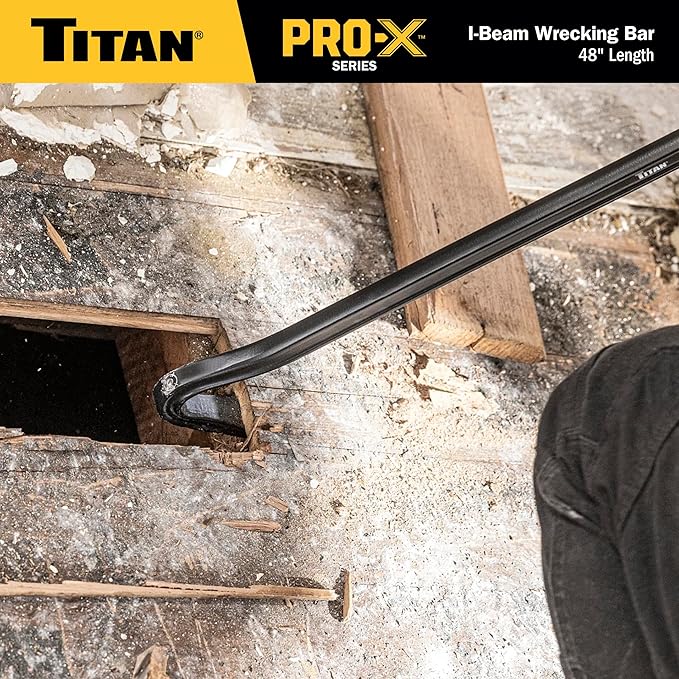 Titan Pro-X 63802 48-Inch I-Beam Wrecking Bar with Curved Gooseneck Design, Fully Hardened High Carbon Steel Construction, Angled Chisel End, Flat Striking Target