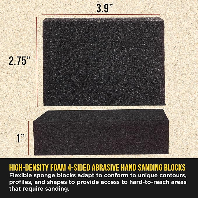 Dura-Gold 80 Grit 4-Sided Hand Sanding Block Sponges, Box of 6 - Performance Flex 3.9" x 2.75" x 1" Wet or Dry Flexible Sandpaper Abrasive Brick Pads, Reusable - Sand Wood, Drywall, Metal, Auto Paint
