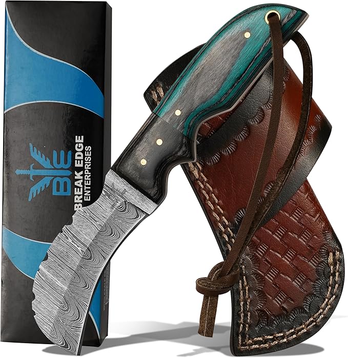 Damascuss Steel Lineman's Hawkbill Knife, Fixed Blade Full Tang, Turquoise Handle with Leather Sheath Electrician skinning knife for professional