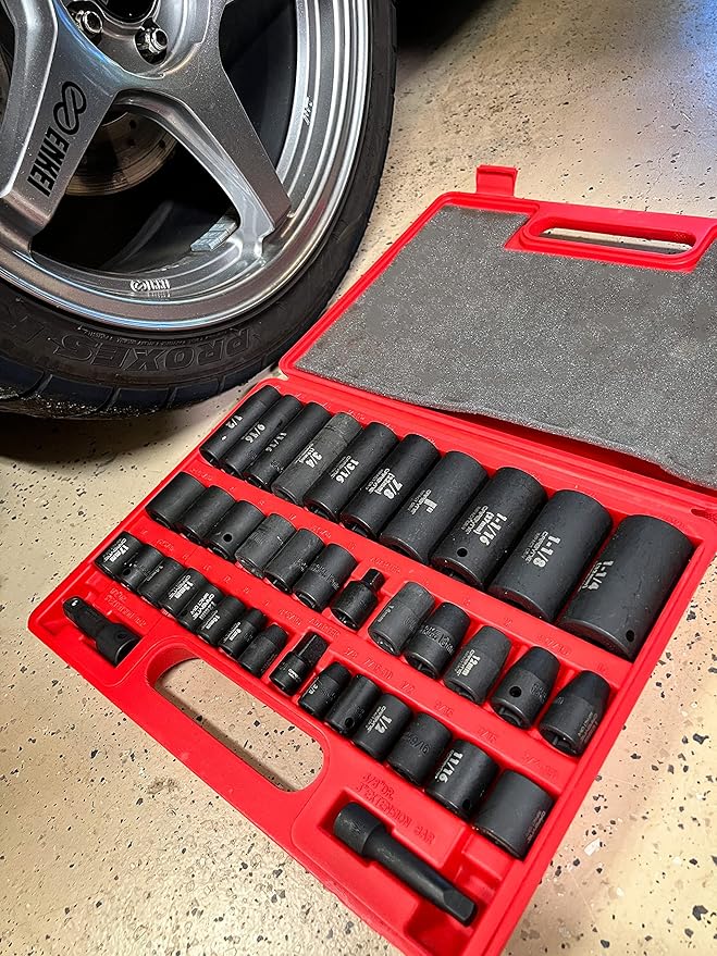 CARBYNE 40-Piece Impact Socket Set | SAE & Metric - Standard and Deep Sockets. 6-Point Design. Metric 8mm-32mm, SAE 3/8" to 1-1/4". Cr-V Steel, Corrosion Resistance, Durable Case | 3/8'' & 1/2'' Dr