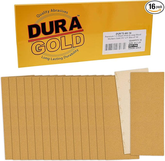 Dura-Gold Premium 1/3 Sheet Gold Sandpaper Sheets, 60 Grit (Box of 16) - 3-2/3" x 9" Size Hook & Loop Backing, Wood Furniture Woodworking, Auto Paint - Jitterbug Sanders, Clip-On, Hand Sanding Blocks