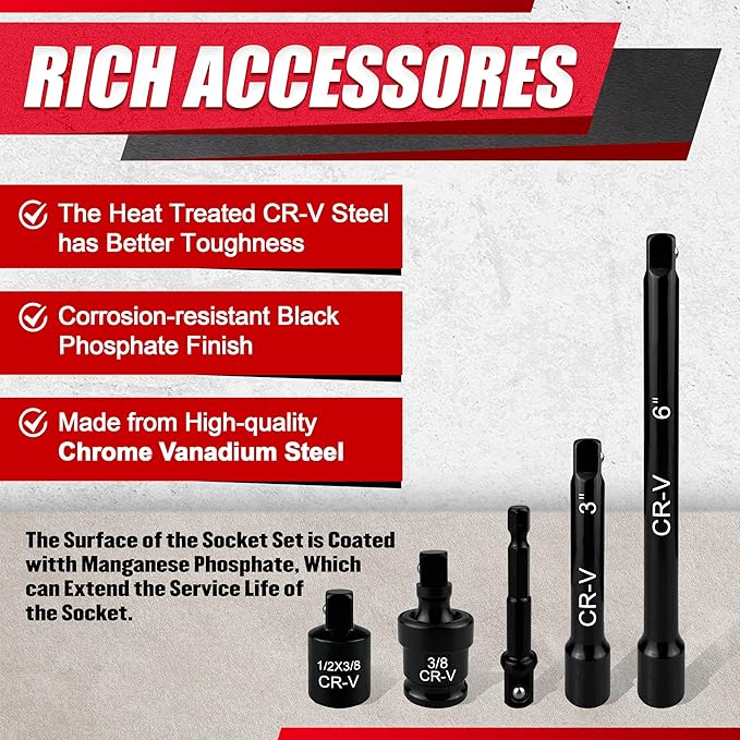 49PCS 3/8??Impact Socket Set,Drive Deep and shallow Impact Socket Set,SAE&Metric(5/16"-3/4",8mm-22mm) with Extension Bars,Universal Joint and Adapter,CR-V Steel,6-Point
