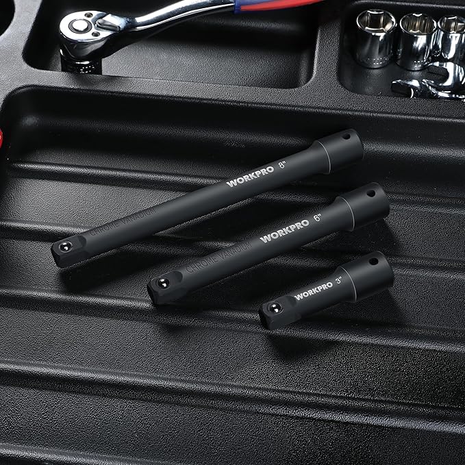 WORKPRO 1/2" Drive Impact Extension Bar Set, 3 PCS Socket Extensions, 3?? 6??and 8??Length, Premium Chrome Vanadium Steel with Black Phosphate Finish