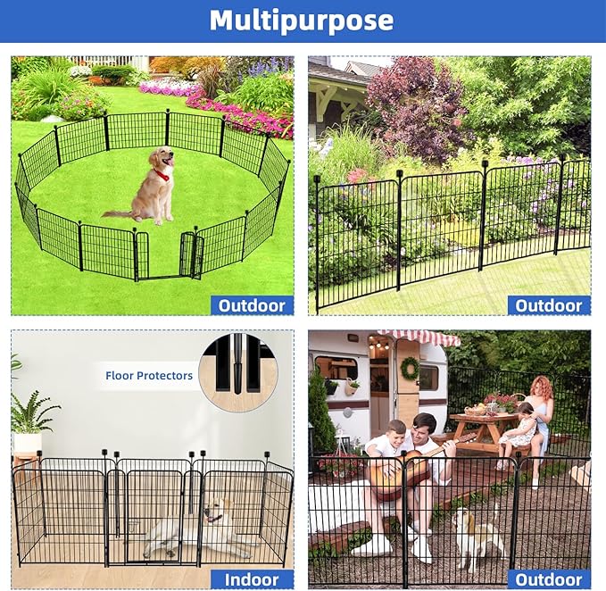 ADAVIN Tall Garden Fence 54 in(H)횞22.1 Ft(L),10 Panels Dog Fence Outdoor for Yard, Heavy Duty Iron Metal Fence with Gate Low Threshold, No Dig Fences Panels, Animal Barrier Fences, Black