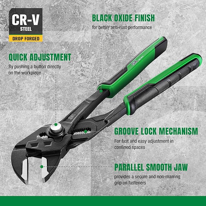SK 4-Piece Pliers Wrench Set, Adjustable Parallel Smooth Jaw Pliers, 6-Inch, 7.5-Inch, 10-Inch, 12-Inch, Premium CR-V Construction, with Rolling Pouch