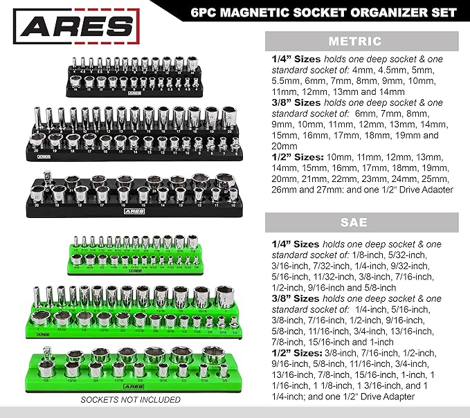 ARES 60160-6-Piece Magnetic Socket Organizers - Metric and SAE Set Black and Green -1/4 in, 3/8 in, 1/2 in Socket Holders -143 Pieces of Standard (Shallow) and Deep Sockets -Organize Your Tool Box