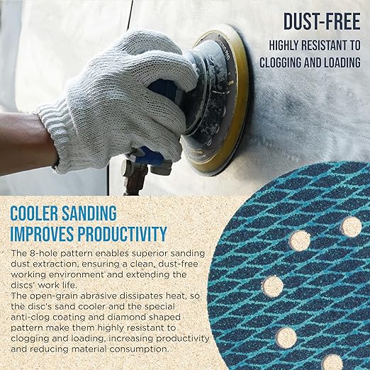 Premium 220 Grit 5" Rhombus Diamond Shape Blue Sanding Discs, 8-Hole, Box of 50 - Hook & Loop Anti-Clogging J-Cloth Dustless Sandpaper for Random Orbital Sanders, Sand Auto Paint, Wood