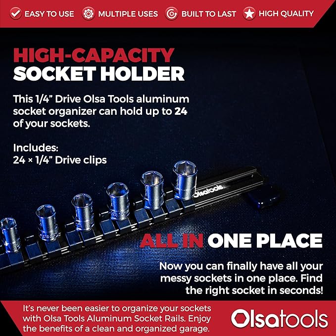 Olsa Tools Socket Organizer - 1/4-Inch Drive Socket Holder Rail - Black Aluminum Track Stores 24 Chrome or Impact Sockets - Professional Grade Metric or SAE Socket Organizer - Part: 1020