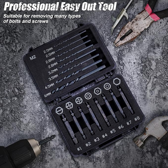 Topec 16PCS Damaged Screw Extractor Set and Left Hand Drill Bit Set, Easy Out Screw Extractor Set with Storage Case, Suitable for Remove Broken, Rusty, Stripped Screw