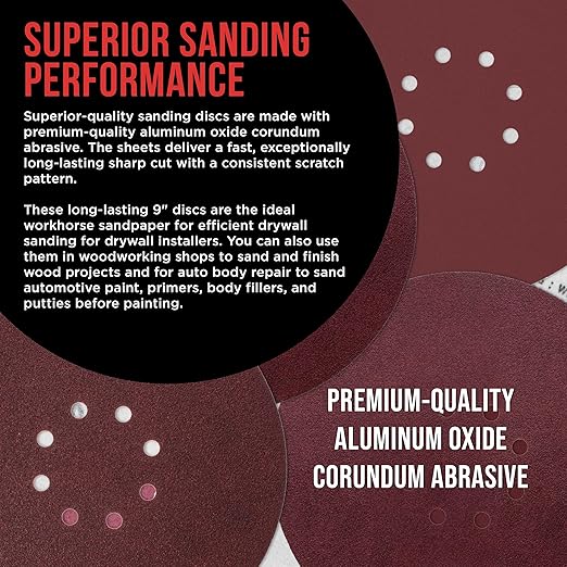 Premium 9" Red 8-Hole Pattern 80 Grit Sanding Discs, Box of 20 - Dustless Hook & Loop Backing Sandpaper for Drywall Power Sanders, Coarse-Cut Abrasive - Woodworking, Sand Auto Paint
