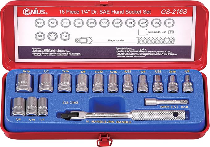 Genius Tools 16 Piece 1/4" Dr. SAE Hand Socket Set GS-216S