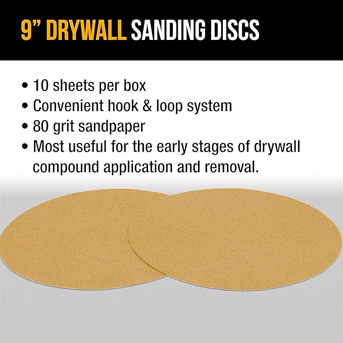 Dura-Gold Premium 9" Drywall Sanding Discs - 80 Grit (Box of 10) - High-Performance Sandpaper Discs with Hook & Loop Backing, Fast Cutting Aluminum Oxide Abrasive - for Drywall Power Sander, Wood