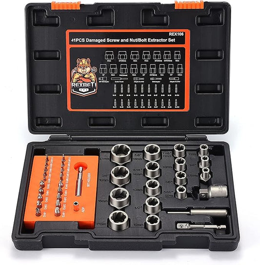 REXBETI 41-Piece Bolt Extractor Screw Extractor Set and Stripped Screw Remover, Case with 16-Piece Bolt Extractor, 10-Piece HSS Drill Bit, 10-Piece Spiral Screw Extractor and 4 Piece Adapter