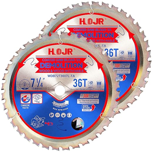 2-Pack 7-1/4" 36 Tooth 5/8" Arbor Demolition Circular Saw Blade Woodworking TA Series, Demolition/Framing, Special Anti-Heat Adhesion Coating on Cutting Head -TA, DEM 7-1/4"36T-TA