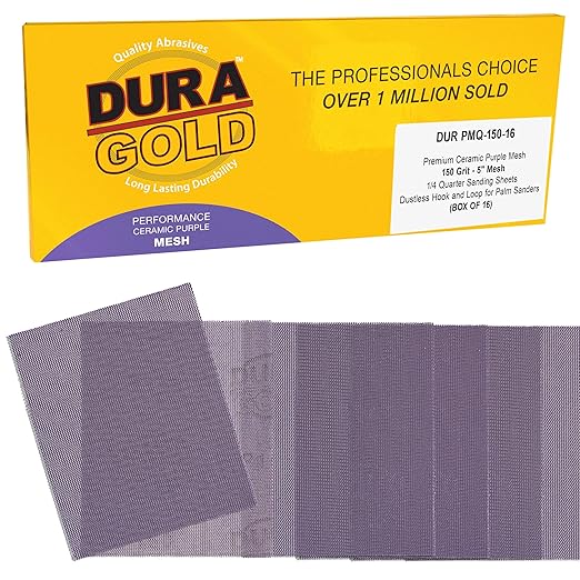 Dura-Gold Premium 150 Grit 1/4 Sheet Size Purple Ceramic Mesh Sandpaper, Box of 16-4.5" x 5.5" Dustless Hook & Loop Backing, Palm Sanders, Sanding Blocks - Long-Lasting Fast Cut - Woodworking, Auto