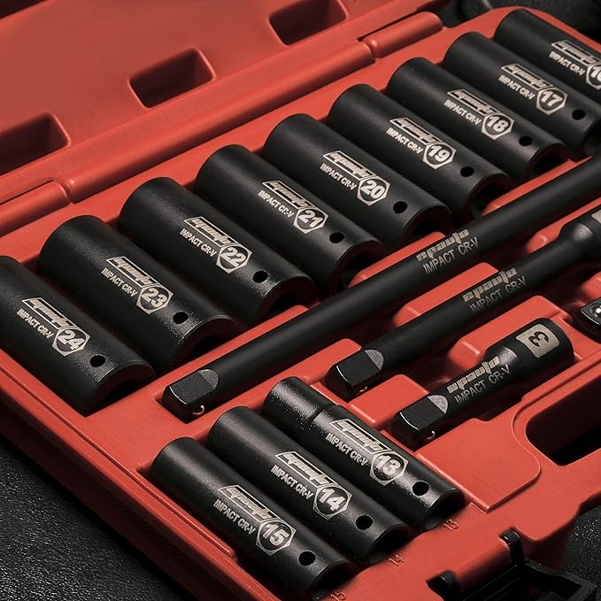 EPAuto 1/2-Inch Drive Metric (10-24 mm) Deep Impact Socket Set | Extension Bar | Universal Joint, Cr-V, 6 Points, 19 Pieces
