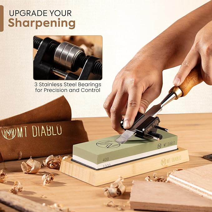 Mt Diablo Chisel Sharpening Kit - Precision Honing Guide for 1/4" to 2" Chisels & 1-3/8" to 3-1/8" Plane Irons, Sharpening Jig With Stainless Steel Rollers, Rust Resistant Cast Aluminum Design