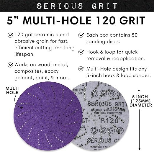 Serious Grit 5-Inch 120 Grit Ceramic Multi-Hole Hook & Loop Sanding Discs - Advanced Grain for Fast Cutting & Long Life - Film-Backed Universal Fit Sandpaper for 5-in Sanders - 50 Pack Box