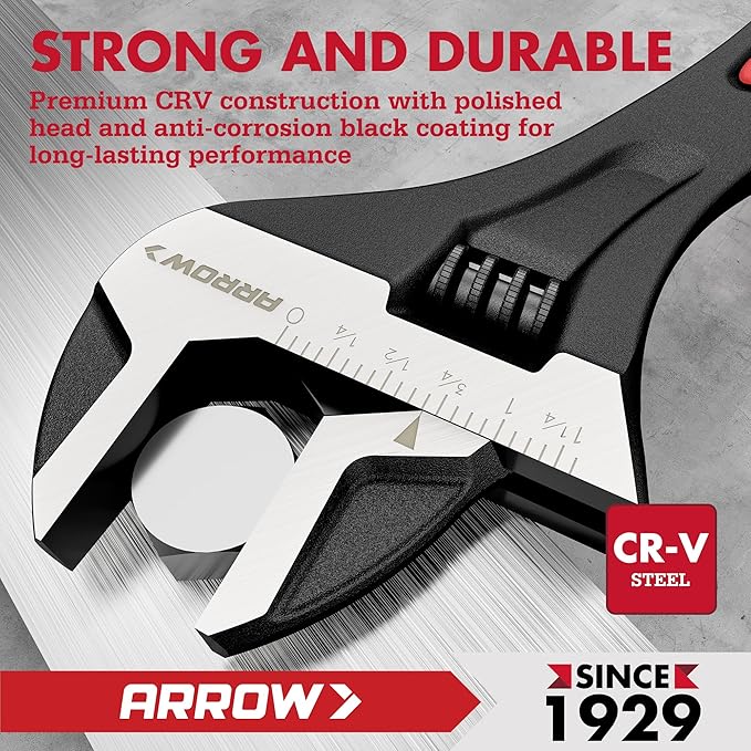 ARROW 2 PCS Adjustable Wrench Set, 8-Inch & 10-Inch Wrenches, Cr-V Steel, Wide Jaw Black Oxide Wrench with Inch/Metric Laser Scales, Non-Slip Grip & Hanging Hole, for Home, Garage, Workshop and DIY