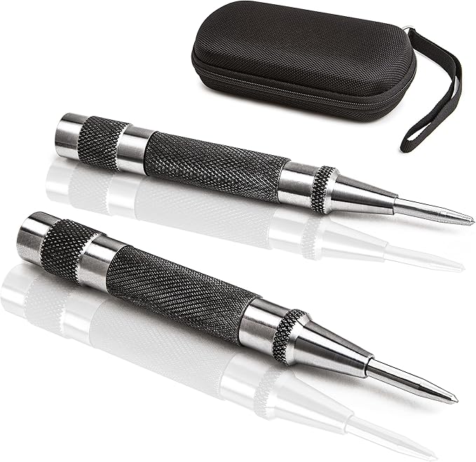 ALLY Tools Heavy Duty Automatic Center Punch w/Hardened Steel ??2PC Premium Automatic Center Punch for Metal for Machinists and Carpenters w/Adjustable Knurled Cap, Spring Loaded and Hard-Shell Case