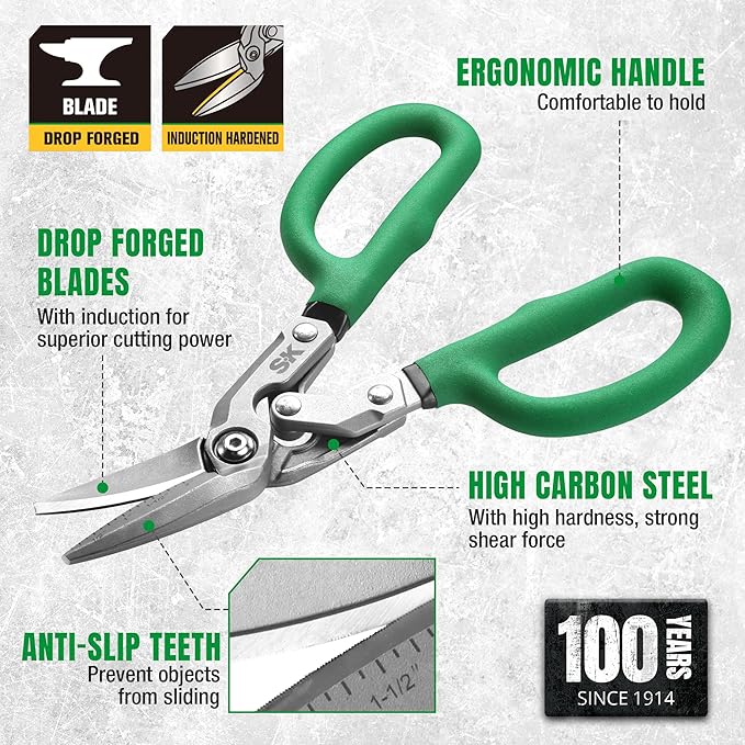 SK 10" Bent Compound Action Tin Snips, Metal Shears with Drop Forged Blades, Heavy Duty Metal Cutter Scissors, Ergonomic Handle for Comfortable Grip