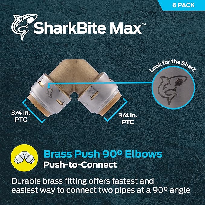SharkBite Max 3/4 x 3/4 in PTC 90-Degree Elbow, Pack of 6, Push-to-Connect Brass Plumbing Fitting, UR256